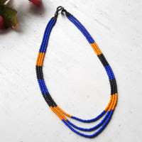 Blue Black and Yellow Beaded Three Strand Necklace - Ethnic Inspiration